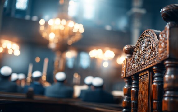 Elegant synagogue interior with wooden chair and participants during Torah reading