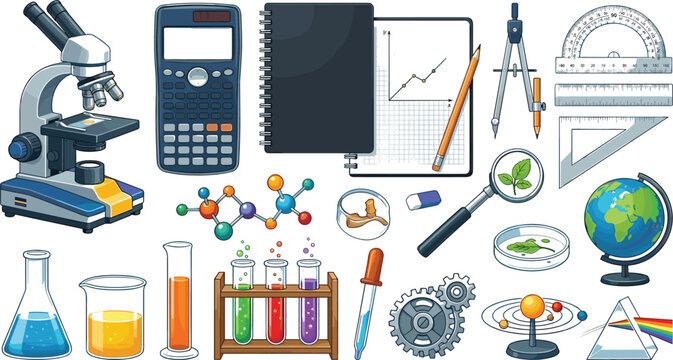 Science and mathematics education vector illustration set featuring microscope calculator flask test tubes geometry tools and molecule models for STEM marketing
