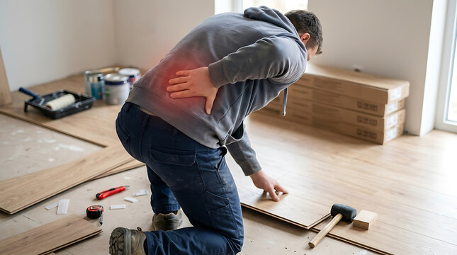 Worker with Back Pain Installing Flooring: Occupational Injury, Ergonomics, Home Renovation Health Risk, Construction Safety