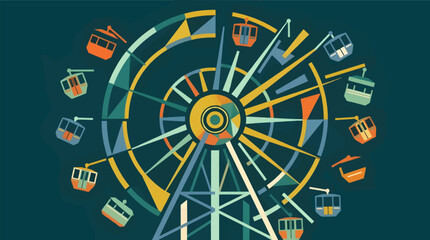 Deconstructed Flat Vector Illustration of a Ferris Wheel with Colorful Gondolas on Dark Teal Background, Abstract Amusement Park Graphic Design, Geometric Shapes and Lines © lia