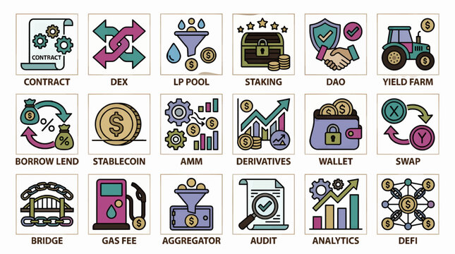 Decentralized Finance (DeFi) Icons Set: Flat Vector Illustrations for Contract, DEX, LP Pool, Staking, DAO, Yield Farm, Borrow Lend, Stablecoin, AMM, Derivatives, Wallet, Swap, Bridge, Gas Fee