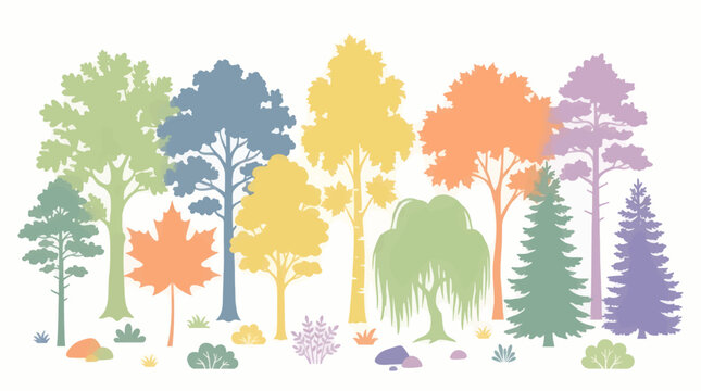 Diverse Flat Design Tree Silhouettes in Pastel Colors, Including Maple and Pine, with Small Bushes and Rocks, Vector Illustration
