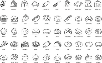 Naklejka premium Black and white illustration of various types of food and baking icons on white background