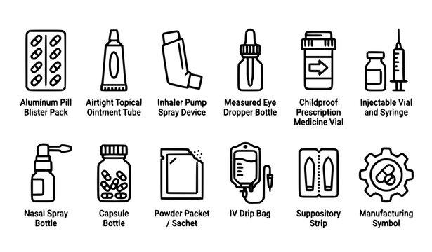 Pharmaceutical packaging and drug delivery thin line icons with blister pack and vial vector symbols