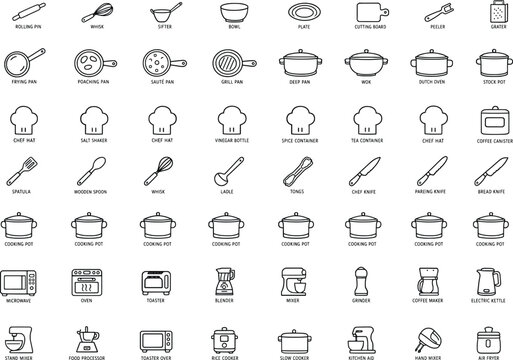 Kitchen utensils and appliances icons in black and white on transparent background