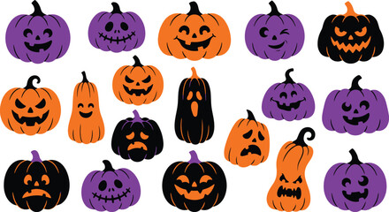 Naklejka premium Spooky Pumpkins for Halloween: A vibrant collection of carved pumpkins in various sizes and expressions, featuring classic jack-o'-lantern faces and whimsical designs in purple and orange.