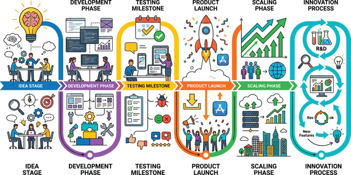 Software development lifecycle infographic vector illustration featuring product launch timeline phases and tech workflow icons for agile project management presentations