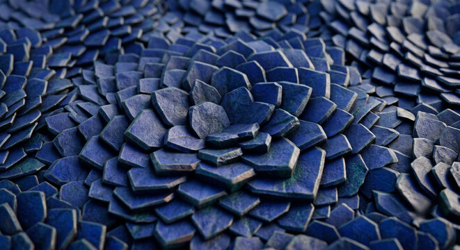 Textura geom&eacute;trica abstracta en 3D con patr&oacute;n fractal de flor azul, placas de piedra o escamas superpuestas que simulan una planta suculenta ex&oacute;tica en tonos &iacute;ndigo, marino y turquesa con su relieve.