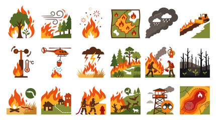 Obraz premium Wildfire Icons: Fire, Forest, Danger, Rescue, Weather, Map, Equipment