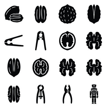 Set of walnut icons and nutcracker tools in silhouette with nutcracker silhouette ingredient vegetarian collection preparation metallic isolated agriculture culinary nutrition snacking