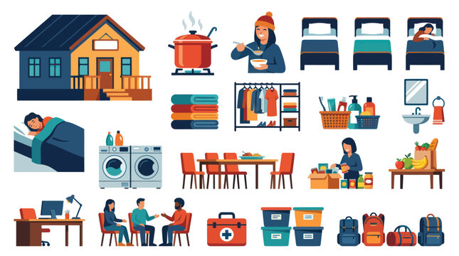 Flat Vector Illustration Set of Basic Human Needs, Home Essentials, and Humanitarian Aid Supplies
