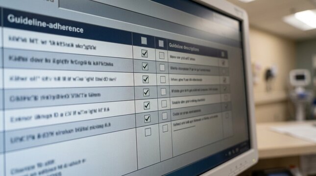 Clinical Monitor Displaying Guideline Adherence Checklist - Healthcare Compliance Stock Photo