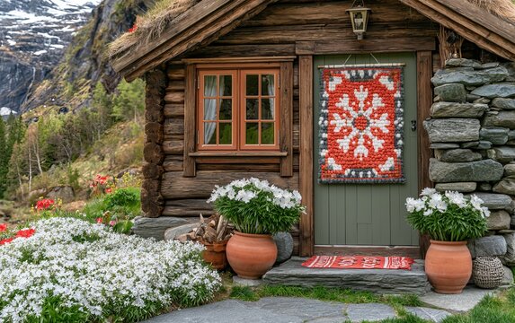 Traditional Norwegian Bunad Hanging Display at Charming Log Cabin Entrance