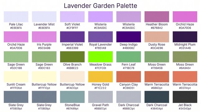 Lavender garden color palette swatch chart for interior design with color scheme