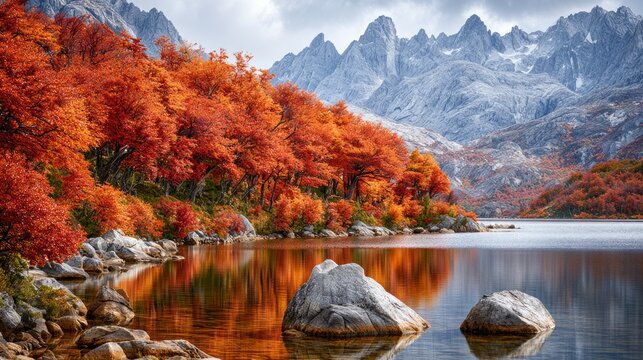 Autumn Colors of Patagonian Beech Forest on Lake Shore with Mountains
