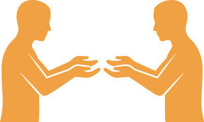 Fototapeta premium Orange human silhouettes with cupped hands facing each other, symbolizing interaction and transaction for business communication, partnership, and social responsibility concepts.