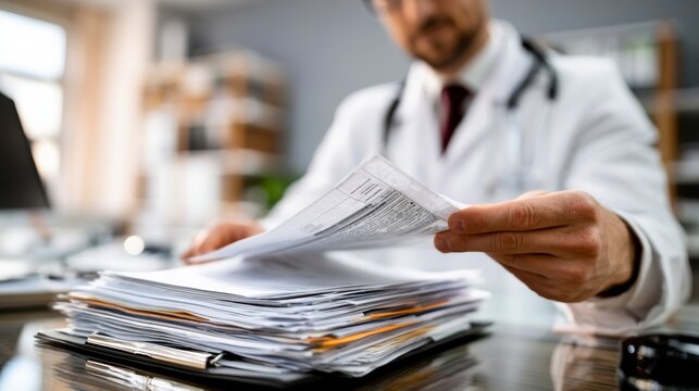 A doctor in a white coat reviews a large stack of patient files or medical documents in a clinical setting.
