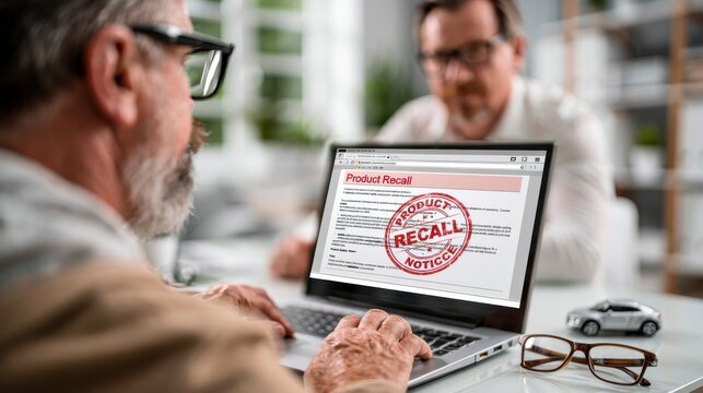 Two men discuss a product recall notice displayed on a laptop screen during a business meeting.