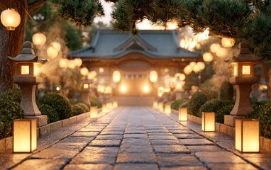 Fototapeta premium Traditional Japanese Obon Festival Lantern Installation in Evening Glow