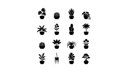 Fototapeta premium Collection of 16 Potted Plant Icons in a 4x4 Grid, Black and White Vector Art Featuring Icon, Set, Houseplant with Green and Leaf