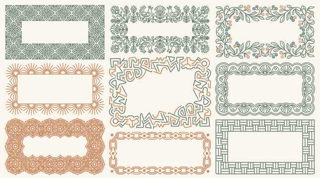 Zestaw ozdobnych ramek w stylu vintage z geometrycznymi i kwiatowymi wzorami, idealne do zaproszeń, certyfikat&oacute;w oraz projekt&oacute;w graficznych wymagających eleganckiego wykończenia.