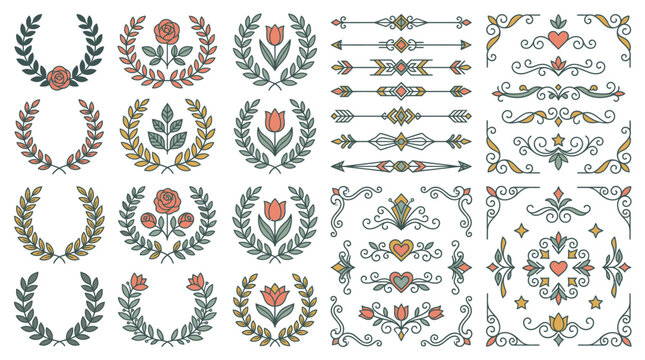 Zestaw dekoracyjnych element&oacute;w graficznych w stylu vintage, zawierający wieńce laurowe, kwiatowe ornamenty, ozdobne ramki, serca oraz separatory tekstu na białym tle do projektowania zaproszeń.