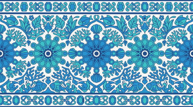 Ozdobna pozioma bordiura z morskim motywem w odcieniach niebieskiego, przedstawiająca stylizowane ryby, koralowce i kwiatowe ornamenty na białym tle, idealna do projekt&oacute;w graficznych.