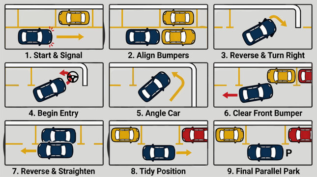 Flat Vector Illustration Set Demonstrating 9 Steps of Parallel Parking with Cars, Arrows, and Steering Wheel Icons, Clear Instructional Graphics for Driving Lessons