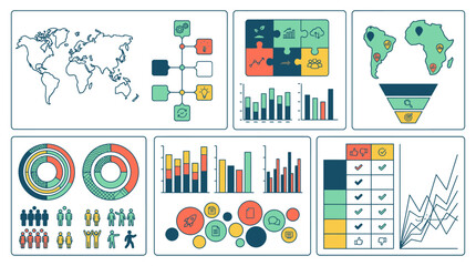 Zestaw kolorowych ikon infograficznych przedstawiających wykresy, mapy świata, diagramy procesów, lejki sprzedażowe oraz analizy danych w nowoczesnym stylu liniowym na białym tle. © Bella