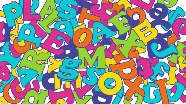 Kolorowe plastikowe litery alfabetu rozrzucone chaotycznie na białym tle tworzące abstrakcyjny wz&oacute;r edukacyjny dla dzieci i projekt&oacute;w graficznych związanych z nauką czytania i pisania.
