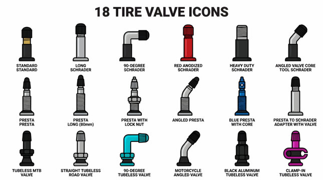 Set of 18 Flat Vector Icons for Bicycle and Motorcycle Tire Valves, Including Schrader, Presta, and Tubeless Types, with Various Angles and Colors, Isolated on White Background