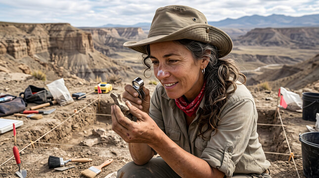 Archaeologist examining fossil with magnifying glass in desert dig site