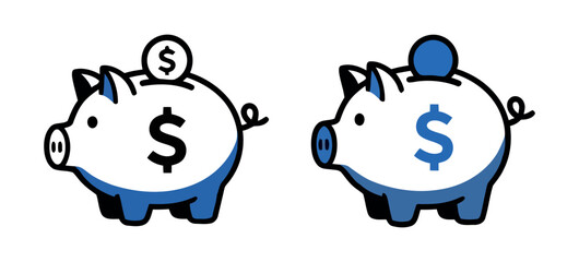 Set of two piggy bank icons representing financial savings, money management, and economy in blue and black minimalist outline styles