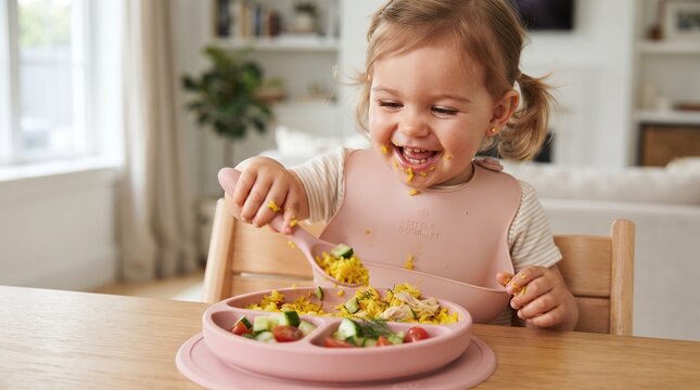 Commercial portrait lifestyle photography of a happy, blue-eyed toddler girl wearing a pink silicone pocket bib during lunchtime &ndash; premium baby products branding, healthy children's nutrition marketin