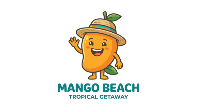 Happy mango mascot character waving and wearing straw hat.