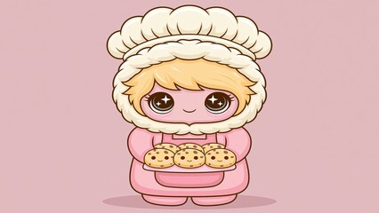 Naklejka premium Cute pink character in winter hat holding tray of cookies.