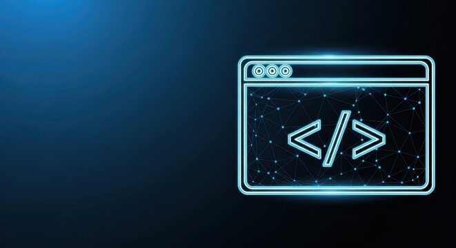 Glowing neon code window concept on a dark digital background
