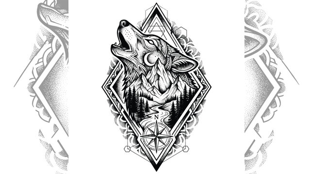 Howling wolf geometric diamond frame dotwork tattoo design.