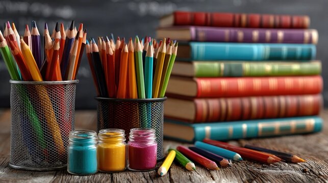 Bright Education Day setup with colorful school supplies, books, and chalkboard, emphasizing knowledge celebration, academic growth, and creative learning environment concept.