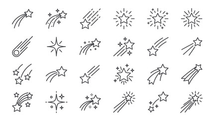 Diverse collection of shooting star and sparkle line icons. © ULFAITA