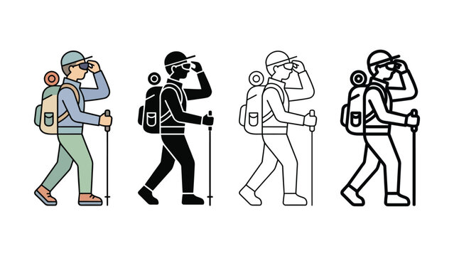 Man with backpack and hiking pole walking forward