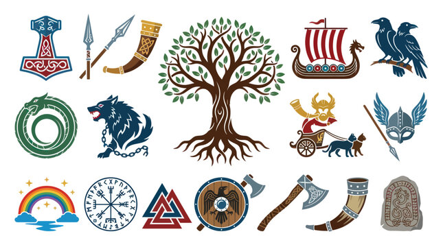 Norse Viking Symbols: Thor's Hammer, Tree of Life, Ship, Wolf, Ravens