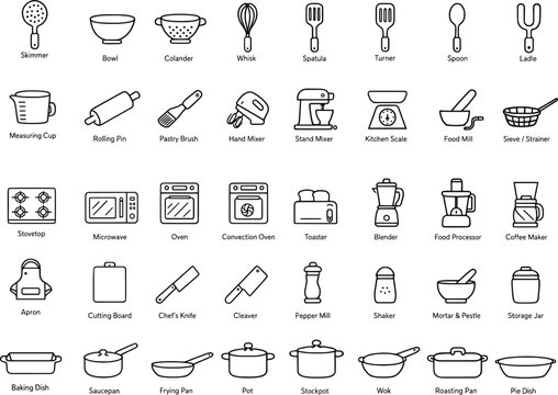 Kitchen utensils and appliances icons on a transparent background for cooking and baking