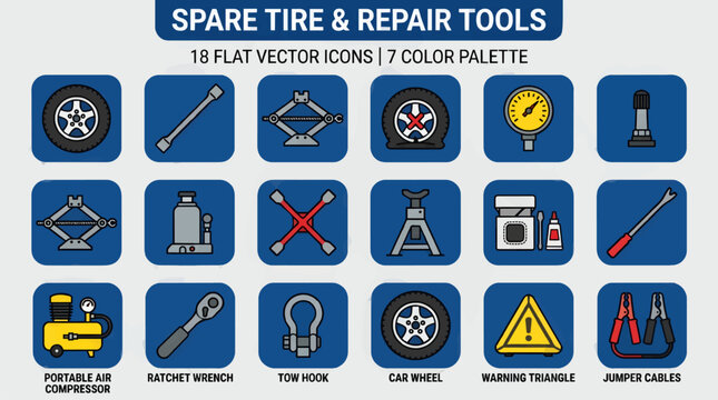 Flat Vector Icons Set for Car Spare Tire and Repair Tools, Including Jacks, Wrenches, Air Compressor, Warning Triangle, and Jumper Cables, Presented in a 7-Color Palette on a Blue Background