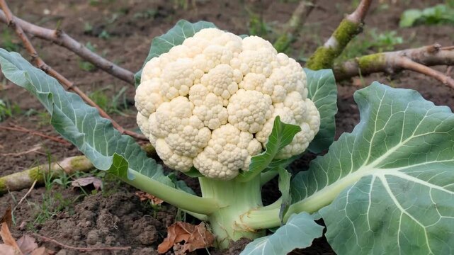 Close-up of cauliflower growing in the field Organic cauliflower growing