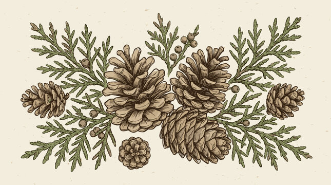Hand drawn pine cones and cedar branch composition.