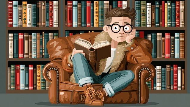 Man in leather jacket and glasses reading book in brown armchair.