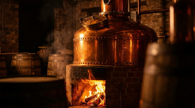 Copper pot still heating over roaring fire with oak barrels in dark, rustic distillery cellar, traditional alcohol distillation process
