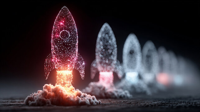 Digital Rocket Launching with Glowing Particles in a Dark Tech Startup Concept Style