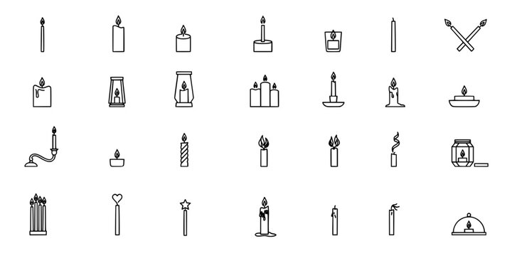 Collection of 24 Different Candle Icons, Vector Illustration, Isolated on White Featuring Icon, Set, Flame with Light and Burn